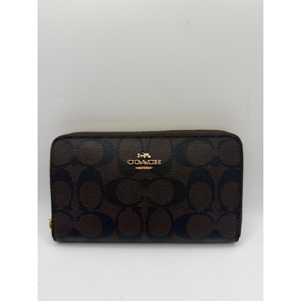 Coach F88913 Medium Zip Around Wallet Signature Canvas Brown Black Gold